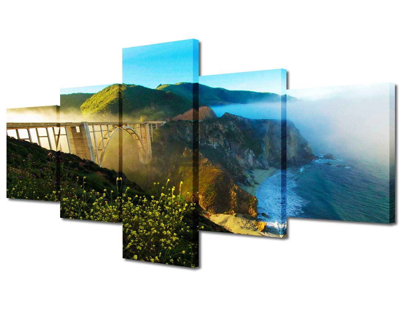TUMOVO 5-Piece Framed Canvas Wall Art - Stunning California Coastal Bridge Seascape Painting, Ready to Hang for Living Room, Bedroom & Home Office Decor | Perfect for Beach House, Coastal Theme or Modern Interior Design