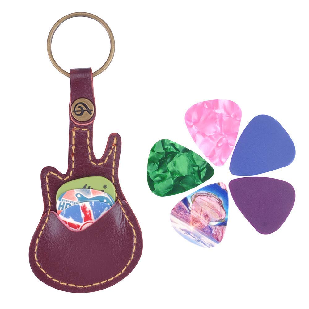 Premium Leather Guitar Pick Holder Keychain - Compact Plectrum Case with 5 Guitar Picks Included (Coffee Brown) - Perfect for Musicians, Guitarists & Travel Accessories