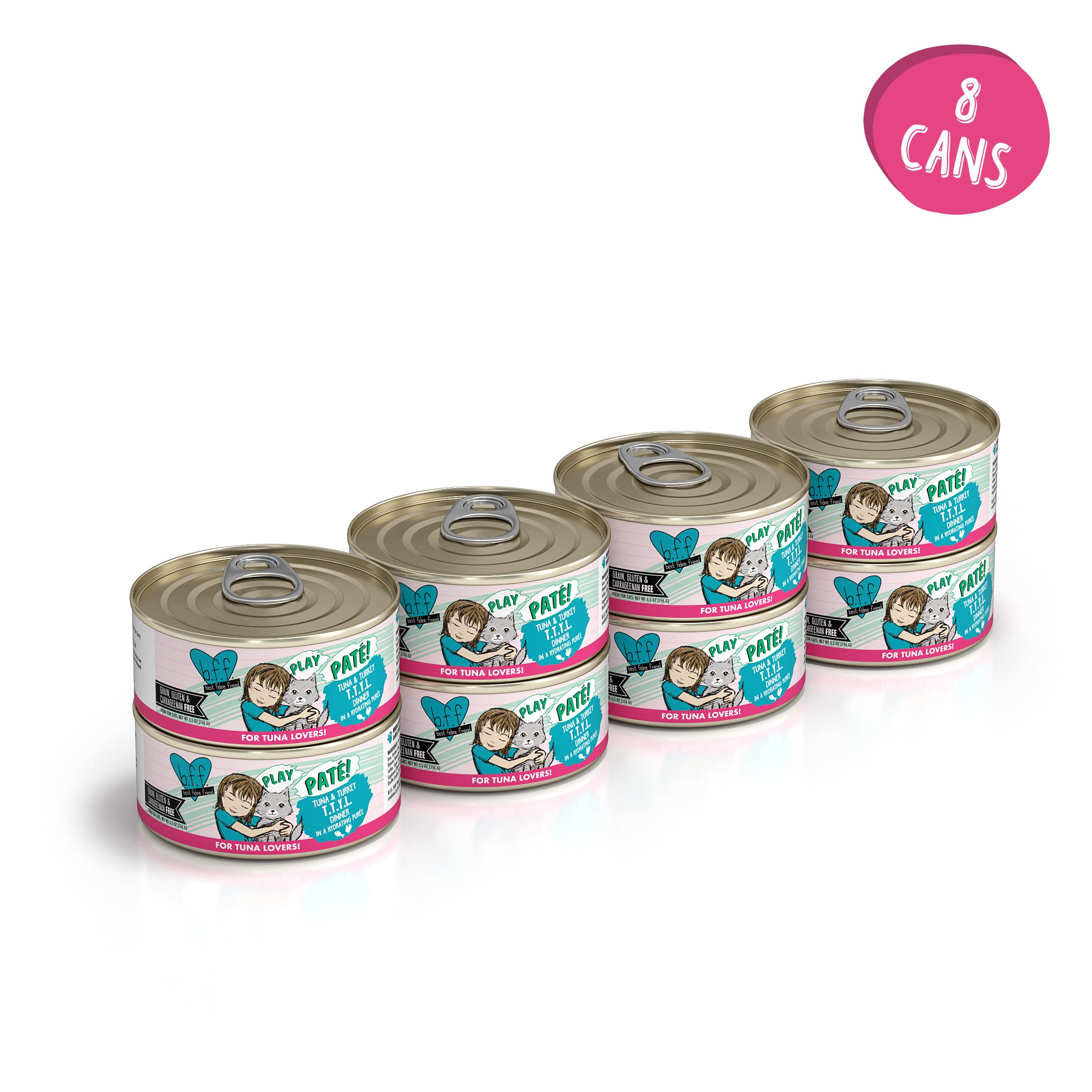 Weruva B.F.F. Play Best Feline Friend Pate Cat Food - Tuna & Turkey Recipe, 5.5oz Can (Pack of 8) - Grain-Free Wet Cat Food for Adult Cats - Perfect for Mealtime, Travel & Treats