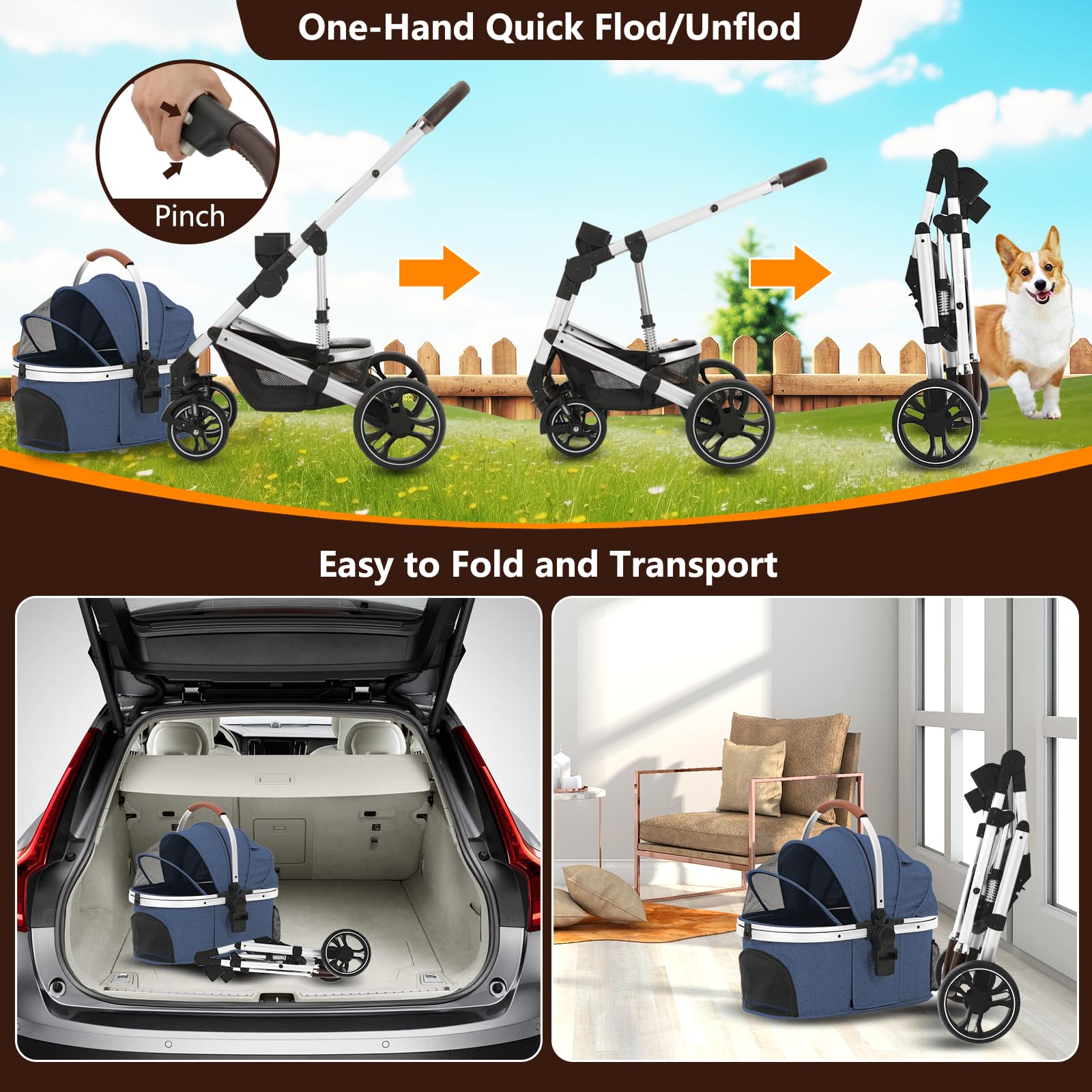 Premium 3-in-1 Folding Lightweight Pet Stroller with Detachable Carrier & Storage Basket - 4-Wheel Travel Stroller for Dogs, Puppies & Cats (Dark Blue) - Perfect for Vet Visits, Outdoor Walks & Shopping Trips