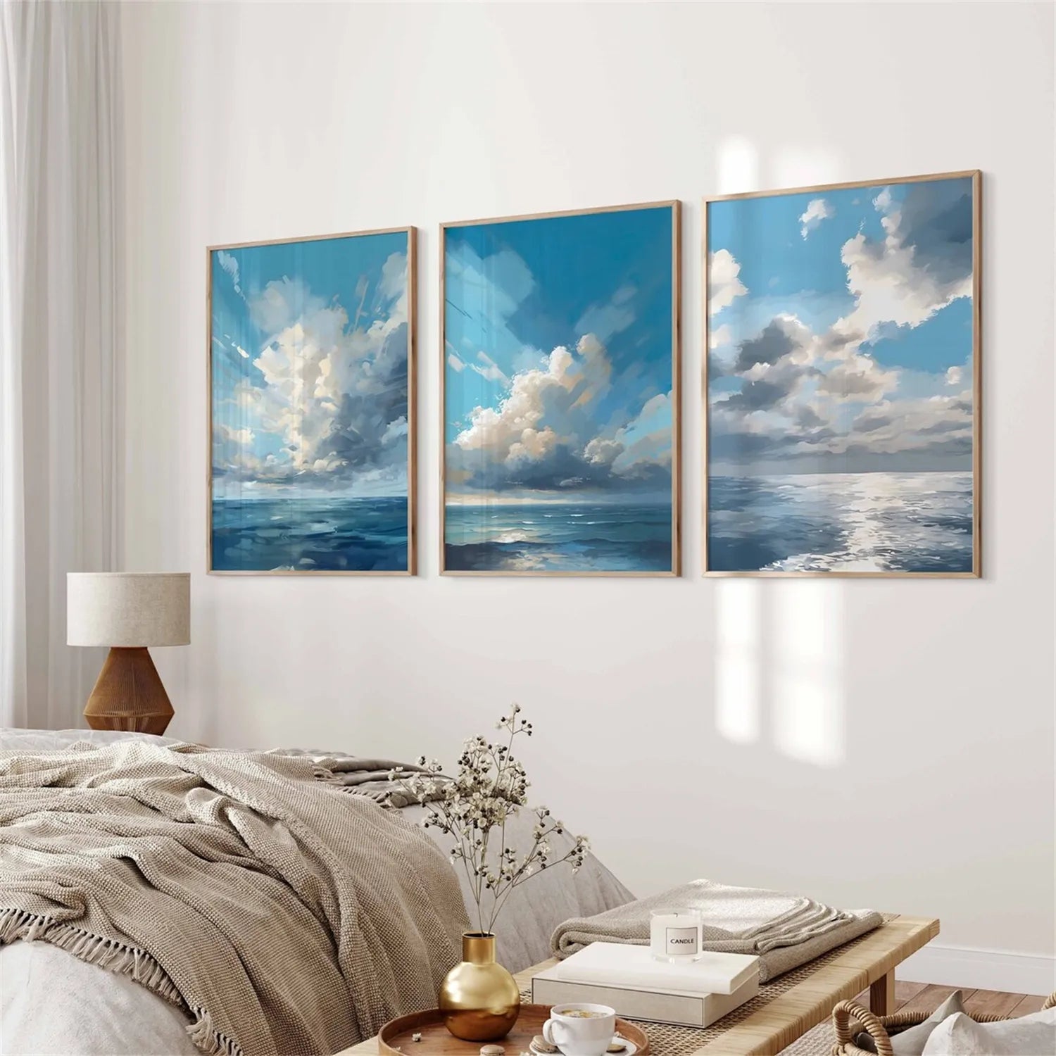Ocean and Sky Wall Art Set of 3 - Coastal Beach Decor Paintings for Living Room, Bedroom & Office - Modern Seascape Canvas Prints (OS 214)
