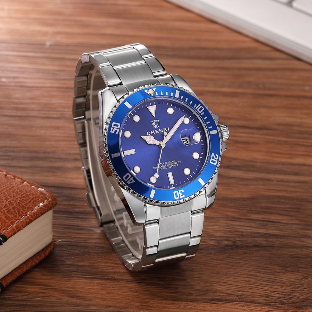MASTOP Men's Rotatable Bezel Blue Dial Luminous Watch - Gold Stainless Steel Band Waterproof Analog Quartz Watch for Diving, Swimming & Outdoor Activities