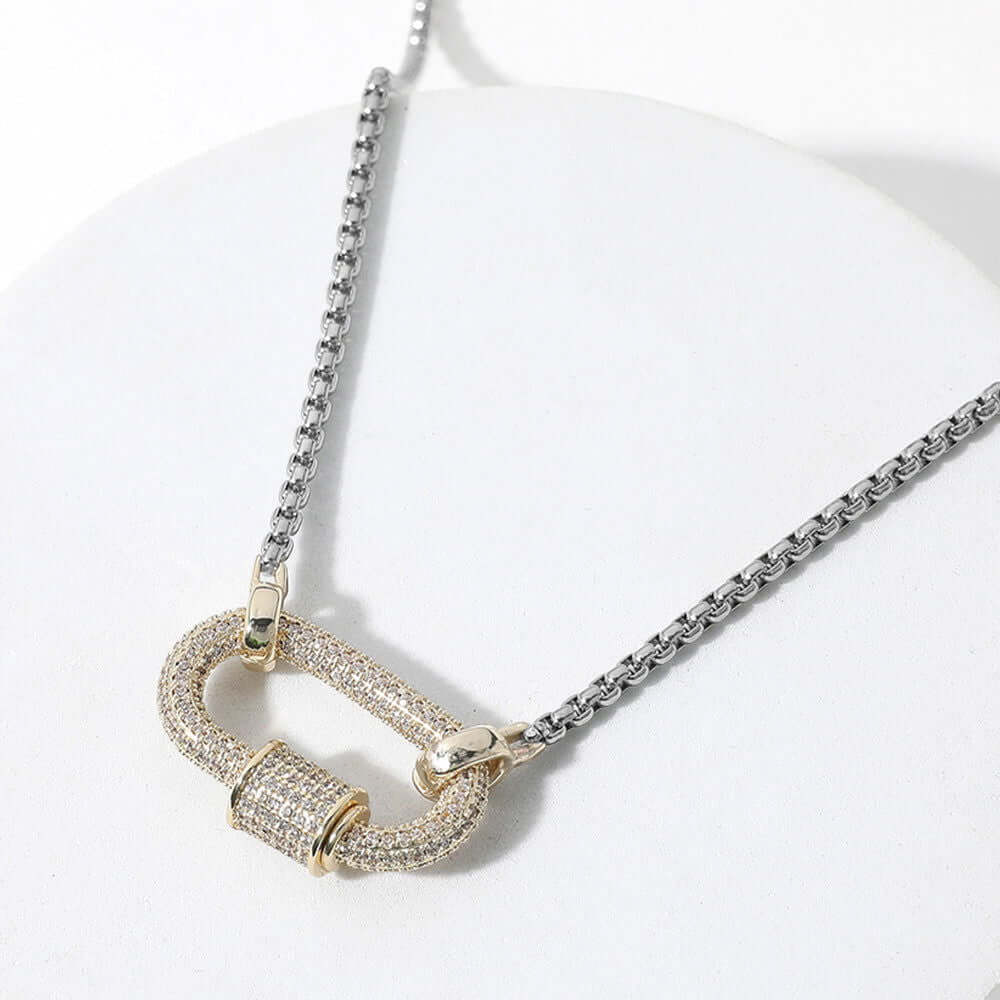 14K Gold Plated Two Tone CZ Stone Carabiner Pendant Necklace for Women - Elegant Layering Jewelry for Everyday Wear, Date Night & Special Occasions