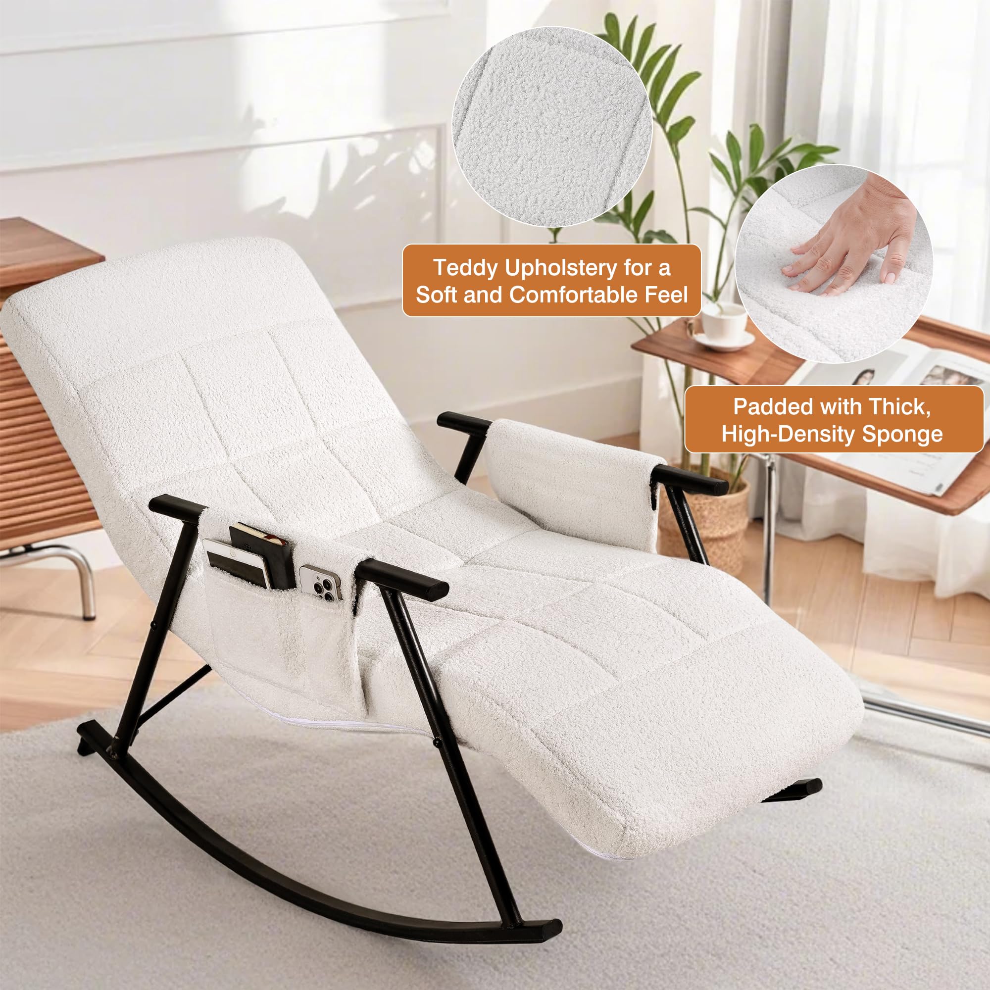 VECELO High Back Nursery Rocking Chair with Footrest - Teddy Upholstered Reclining Glider Rocker - Comfortable Armchair with Padded Seat & Removable Side Pockets - Perfect for Nursery, Living Room, Bedroom & Balcony - White