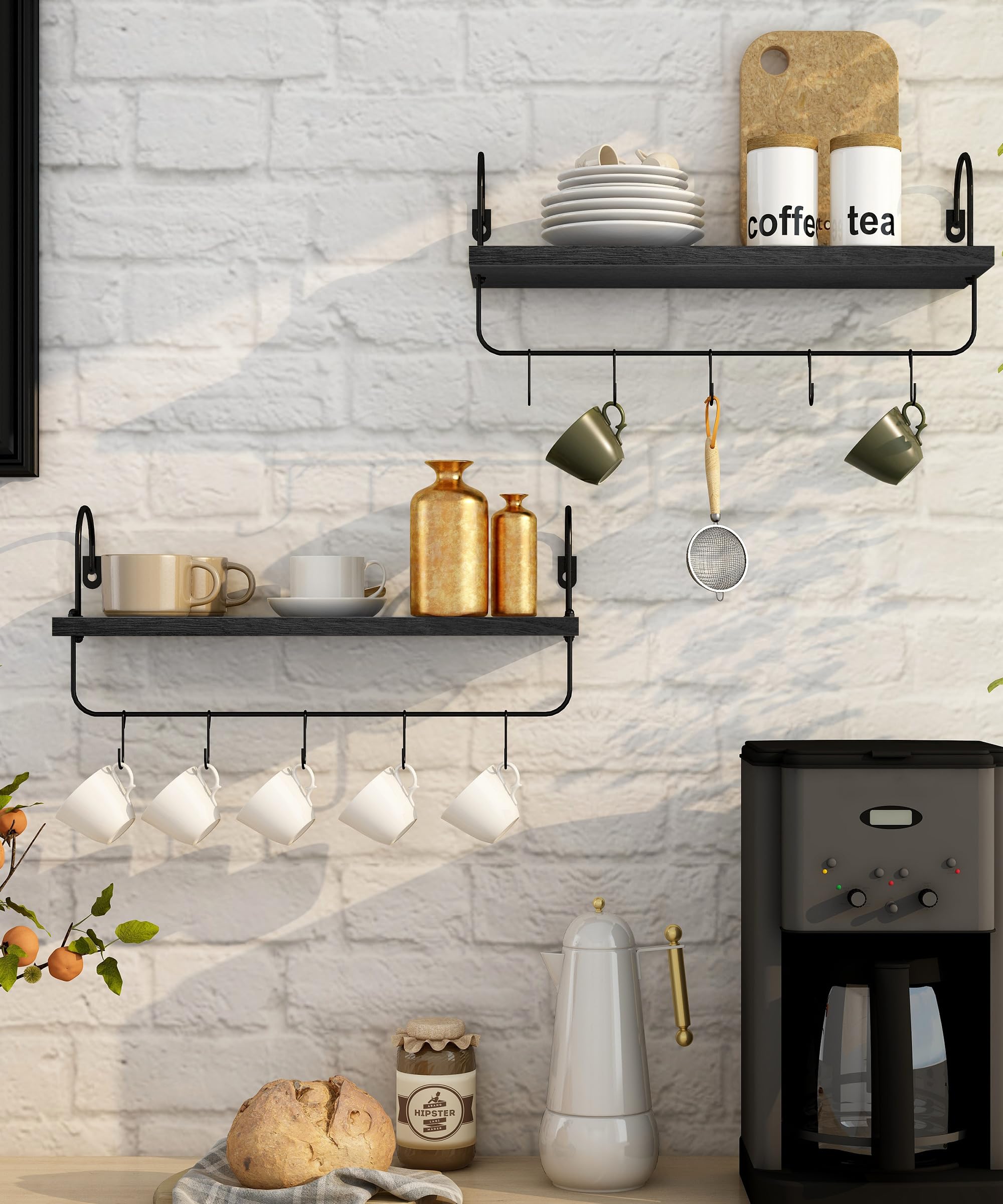 Farmhouse Style Wall Mount Coffee Mug Holder - Rustic Cup Organizer with Hooks for Coffee Pods Storage, Black - Perfect for Kitchen Decor & Coffee Bar Accessories (Ideal for Small Spaces & Coffee Station Organization)