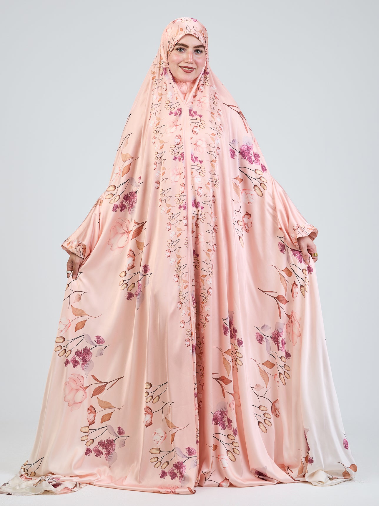 Mazna Blush Bloom Satin Prayer Gown with Pouch & Elastic Cuffs - Elegant Islamic Prayer Dress for Women, Comfortable Modest Nightgown for Home & Mosque Worship