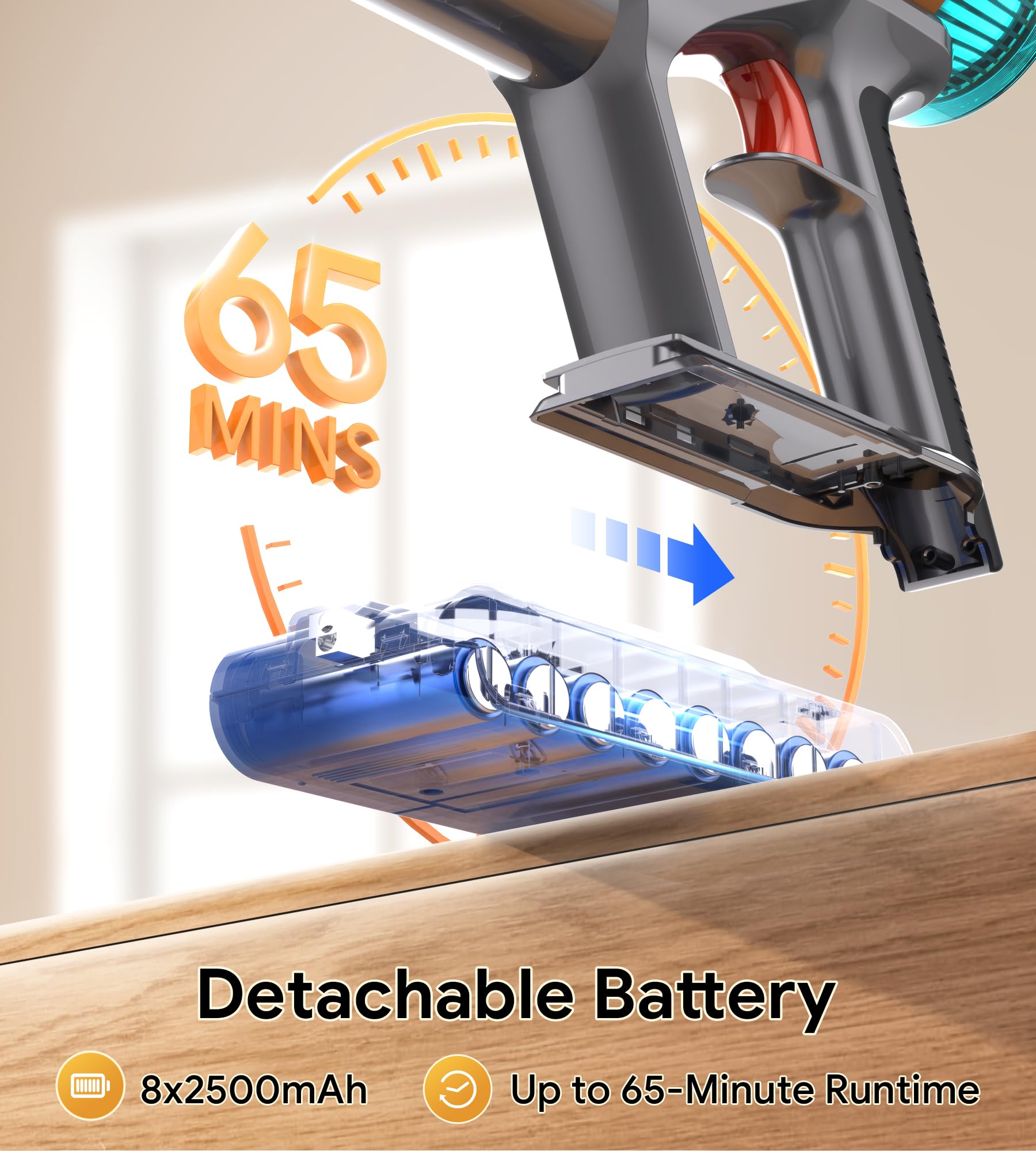8-in-1 Cordless Stick Vacuum Cleaner with 600W/48Kpa Powerful Suction - 65Min Runtime, Lightweight & Anti-Tangle - Ideal for Hard Floors, Carpets, Pet Hair & Car Cleaning - Self-Standing Rechargeable Home Vacuum for Easy Storage