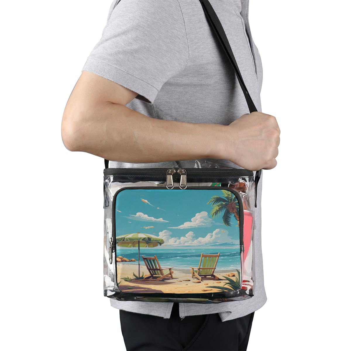 GzLeyigou Clear Transparent Beach Tote Bag with Handles - Palm Tree Design Crossbody Shoulder Bag for Lunch, Outdoor, Travel, Picnic, Concerts & Sports Events | Stadium Approved Waterproof Carry-All for Summer, Pool Party, Music Festival & Vacation Essentials