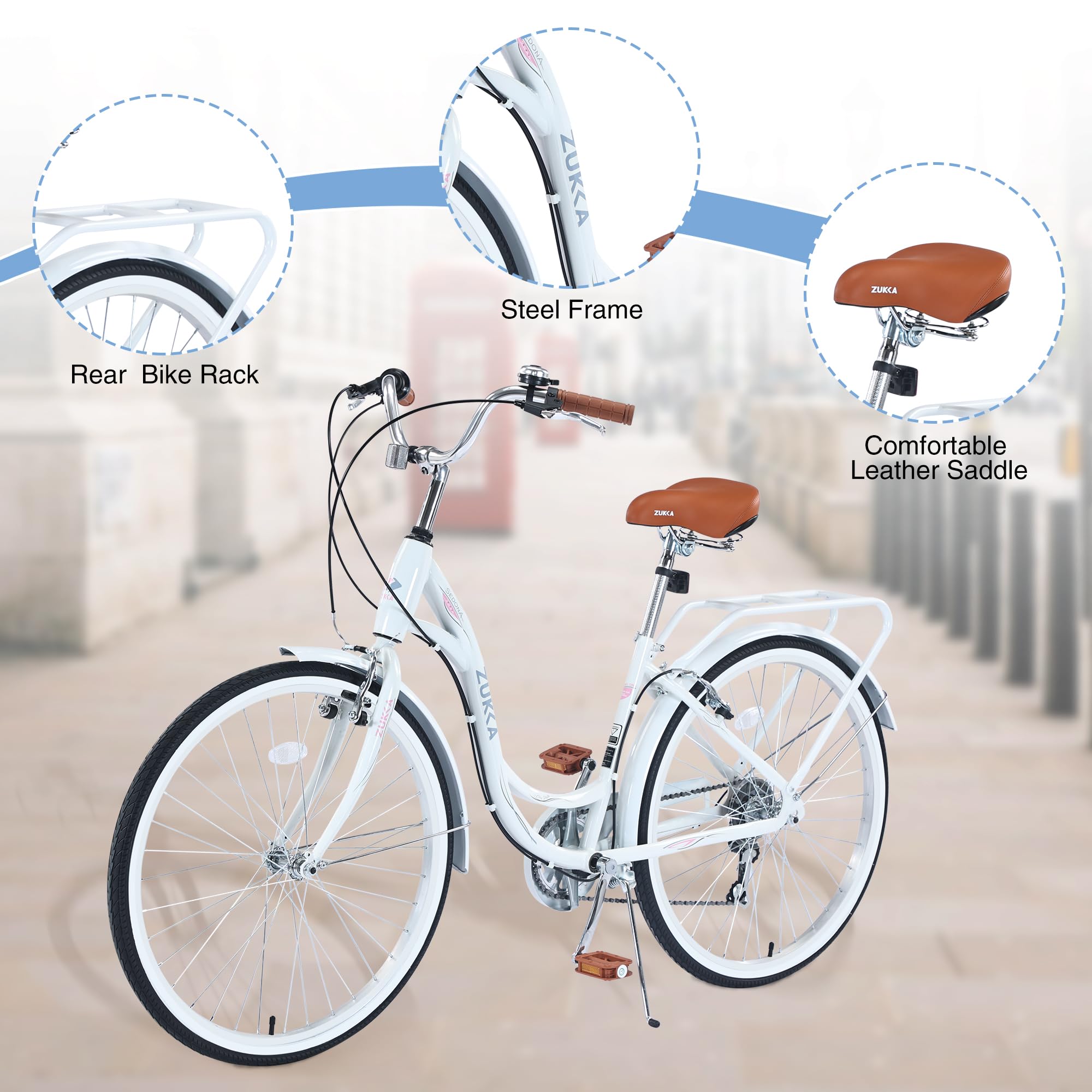 ZUKKA 24/26 Inch Women's Beach Cruiser Bike - 7 Speed City Bicycle with Dual V-Brake & Adjustable Seat - Comfortable Commuter Bike for Women & Men - Perfect for Beach Rides, City Commuting & Leisure Cycling (Multiple Colors)