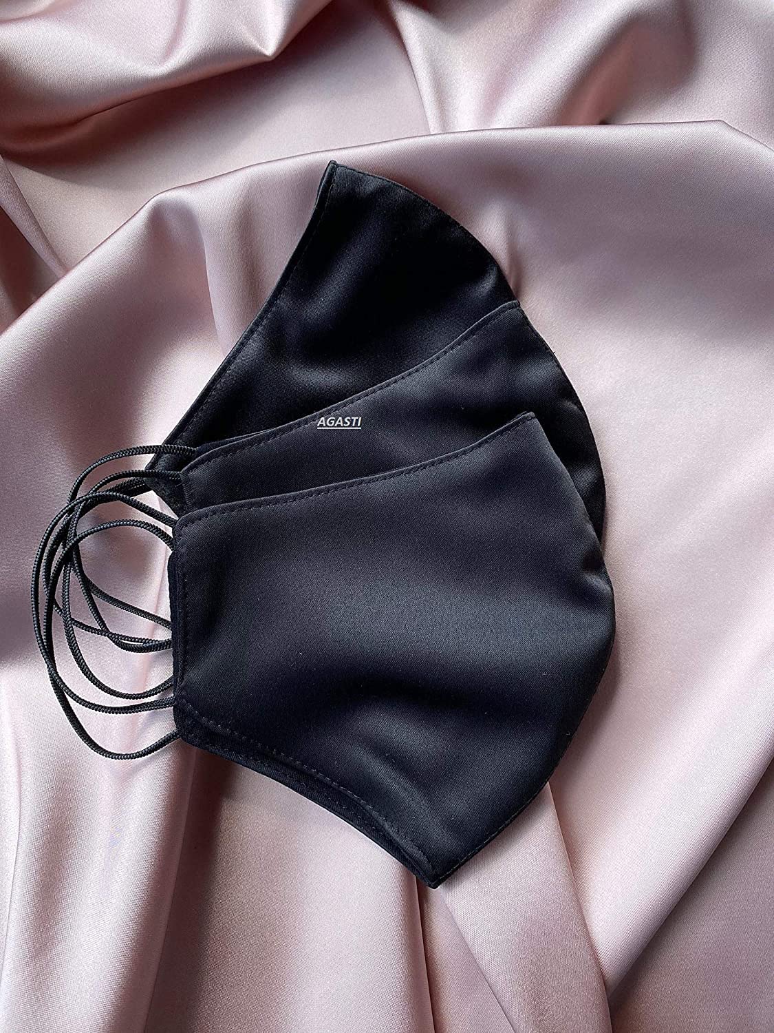 AGASTI Silk-Satin 3-Ply Soft Elastic Face Mask for Women, Men & Kids - Breathable & Comfortable (Pack of 3, Black) - Perfect for Daily Wear, Travel & Outdoor Activities