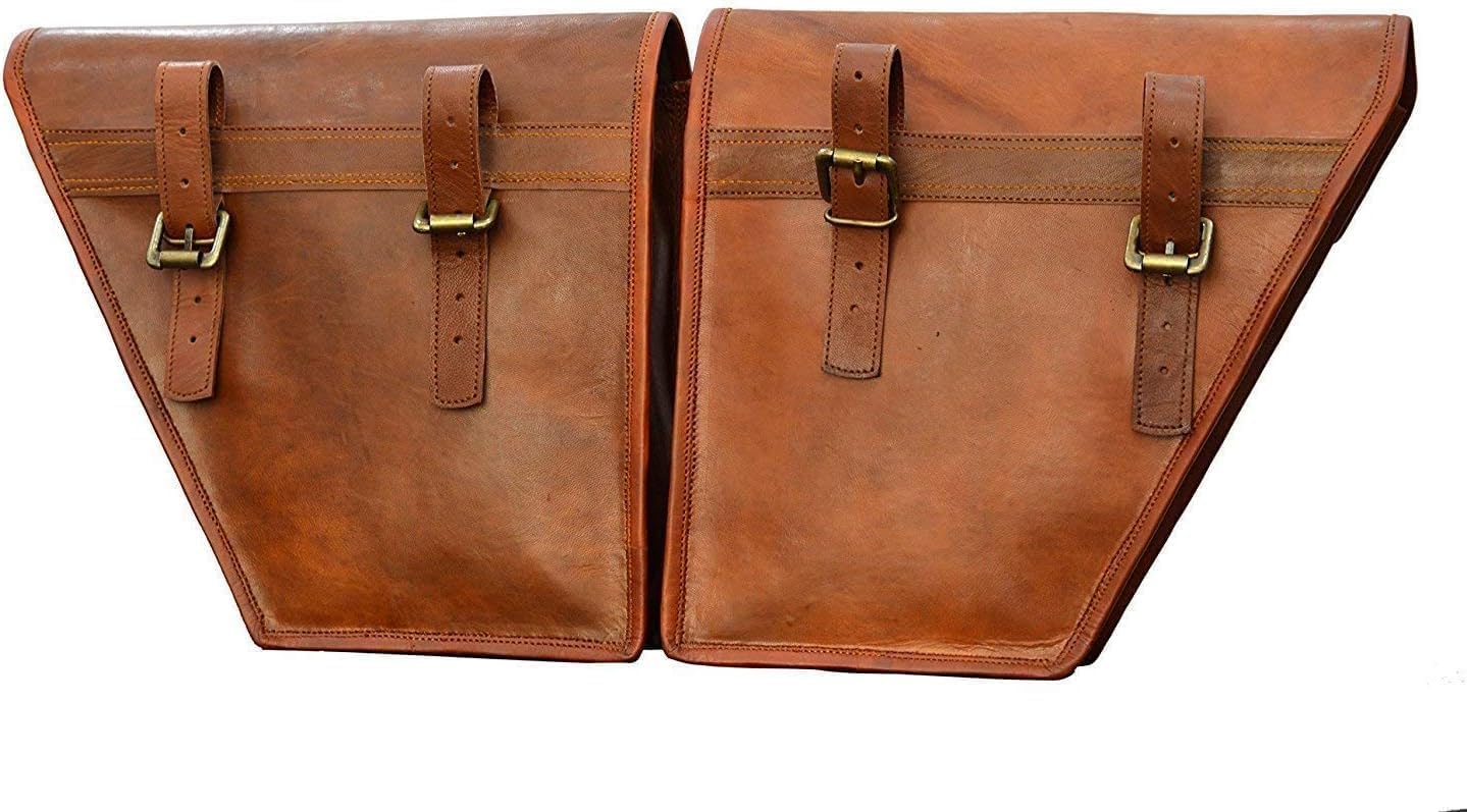 2 Pack Genuine Leather Motorcycle Saddle Bags - Waterproof Bike Shoulder Bag & Tool Pouch for Harley, Cruiser - Brown Handlebar Sissy Bar Travel Accessories (Ideal for Road Trips, Camping & Daily Commute)