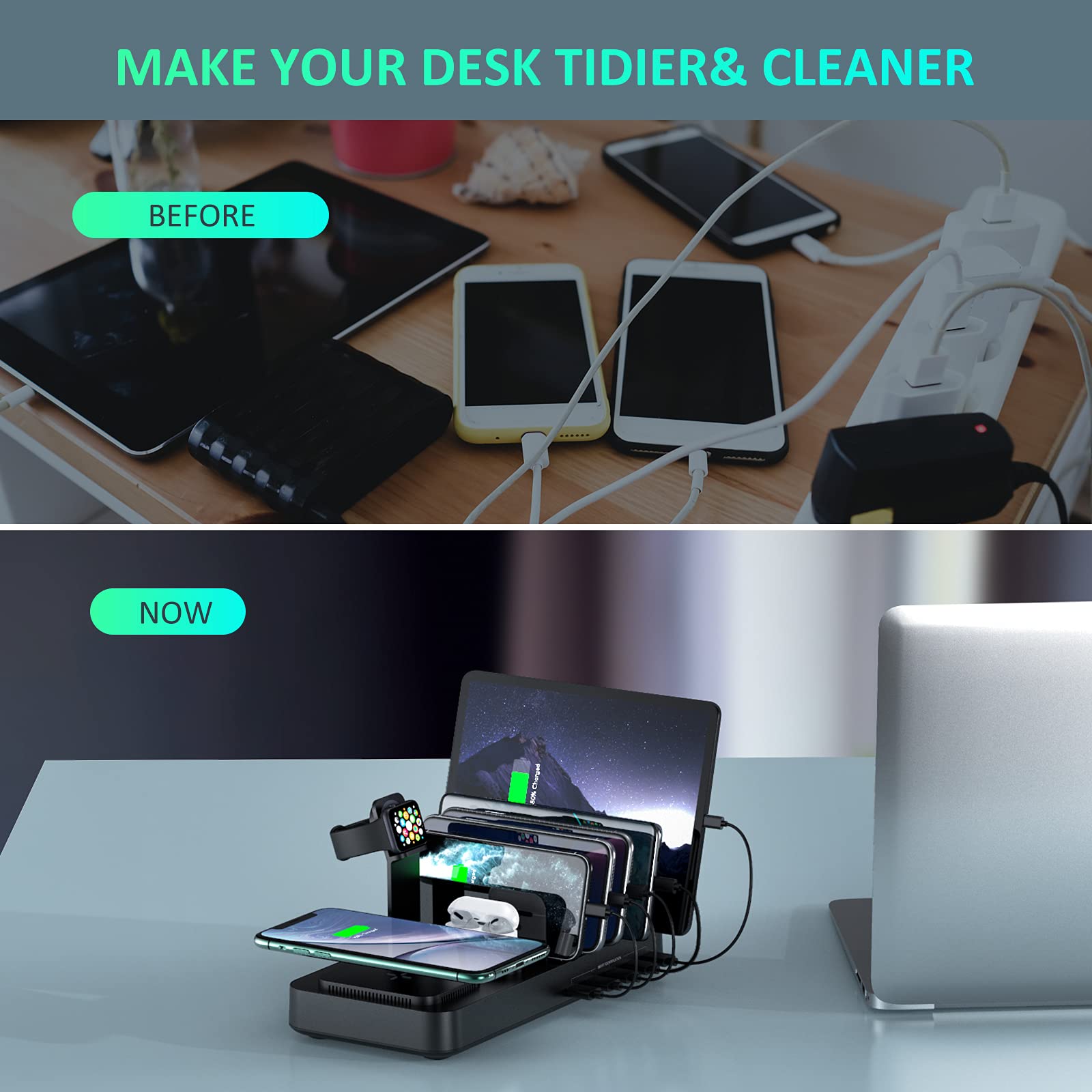 8-in-1 Wireless Charging Station for iPhone, Android, AirPods & iWatch - Fast 10W Charger with Cables for Home & Office Use