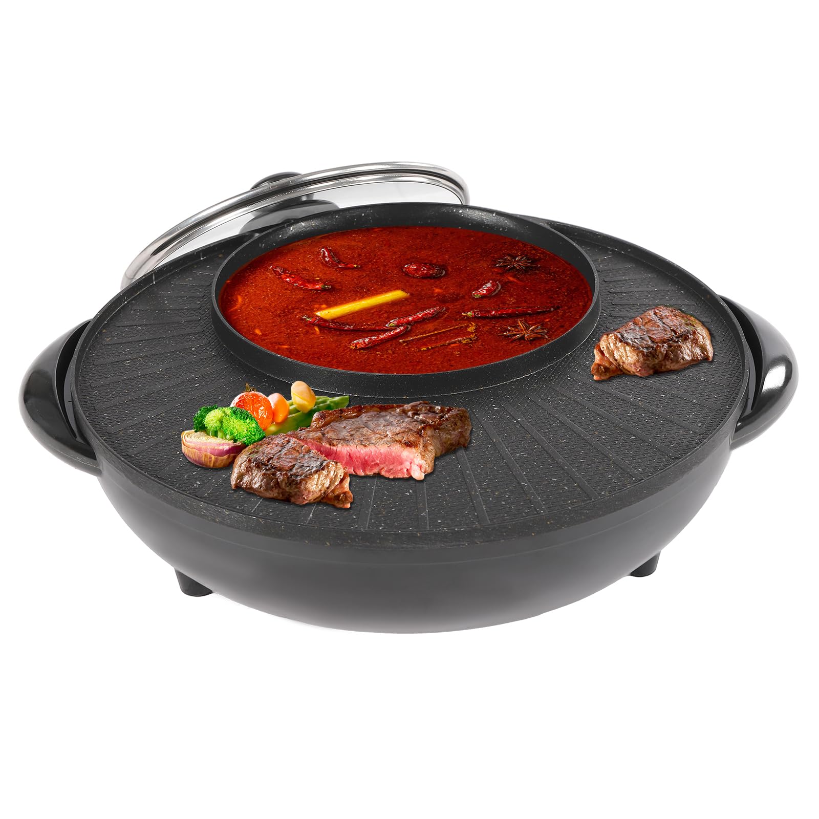 1350W 2-in-1 Electric Hot Pot and Grill Combo - Smokeless Indoor BBQ & Shabu Shabu Cooker with Divider & Clear Lid - 13.78 Inch Black Nonstick Frying Pan for 3-5 People (110V) - Perfect for Family Gatherings, Dinner Parties & Asian Hot Pot Nights