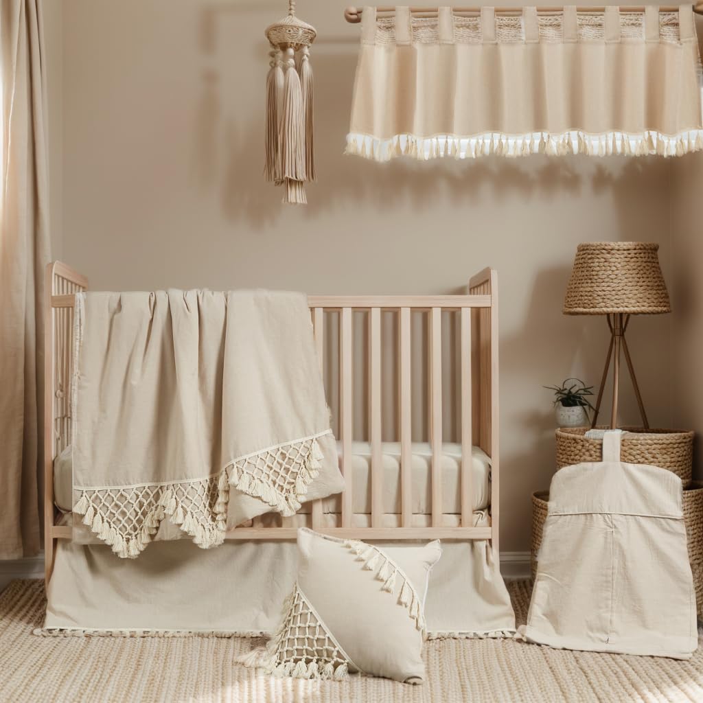 Brandream Unisex Bohemian Baby Crib Bedding Set - 6 Piece Beige Farmhouse Nursery Set with Tassel Fringe, 100% Washed Cotton - Perfect for Neutral Nursery, Gender Reveal, and Minimalist Baby Room Decor