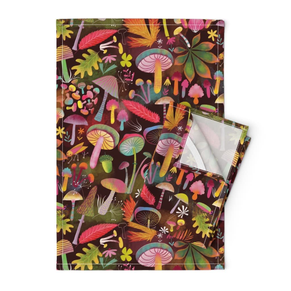 Rainbow Mushrooms Woodland Autumn Botanical Print Tea Towel - Linen Cotton Canvas Kitchen Towel for Drying Dishes, Decorating, and Gift Giving