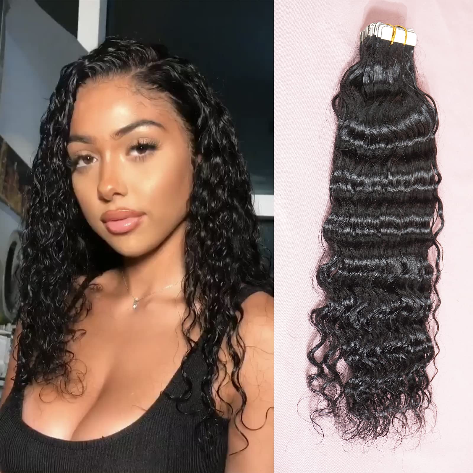40pcs Invisible Loose Water Wave Curly Hair Extensions Tape - 100% Human Remy Hair, 26inch, 3B Curly, Natural Black Color (100g) for Black Women - Perfect for Daily Styling, Special Occasions & Protective Hairstyles