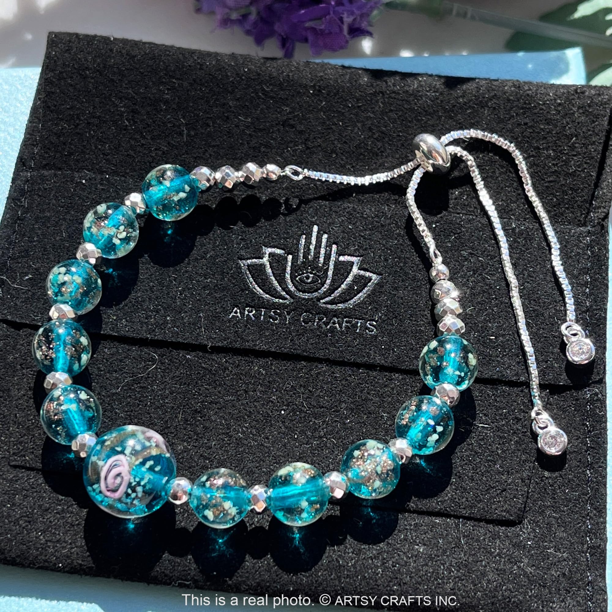 Glow in The Dark Firefly Beads Bracelet & Necklace Set - Murano Glass Beads Crystal Birthstone Jewelry with Adjustable Slider Chain | Handmade Luminous Glass Beads for Women, Girls | Perfect for Night Parties, Rave Events & Gift Giving