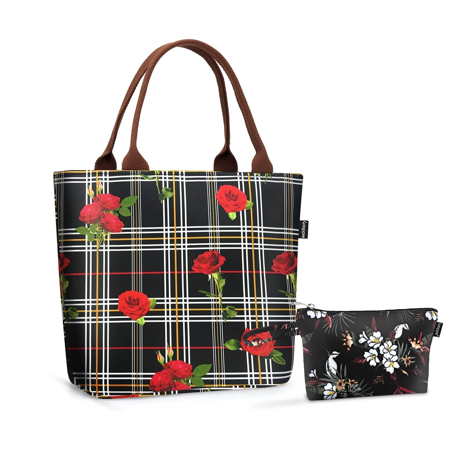 Leakproof Insulated Lunch Bag for Women - Small Waterproof Makeup & Travel Cosmetic Pouch with Rose & White Floral Design - Perfect for Work, School, Gym & Travel