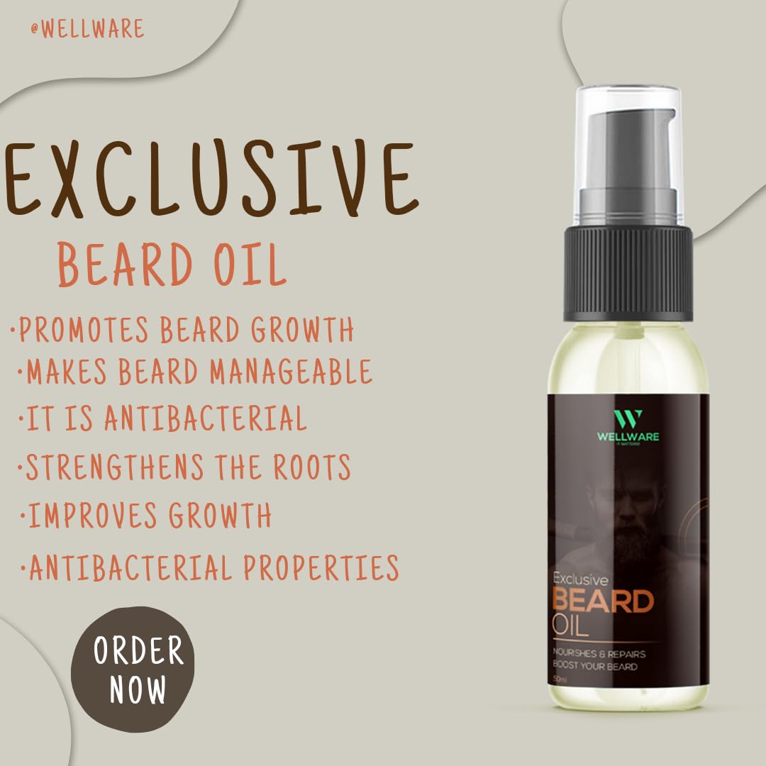 WELLWARE Beard Growth Oil with Redensyl, Jojoba Oil & Vitamin E - 50ml Natural Sandalwood Hair Oil for Men | Promotes Thicker, Fuller Facial Hair Growth | Perfect for Daily Grooming & Styling Routine