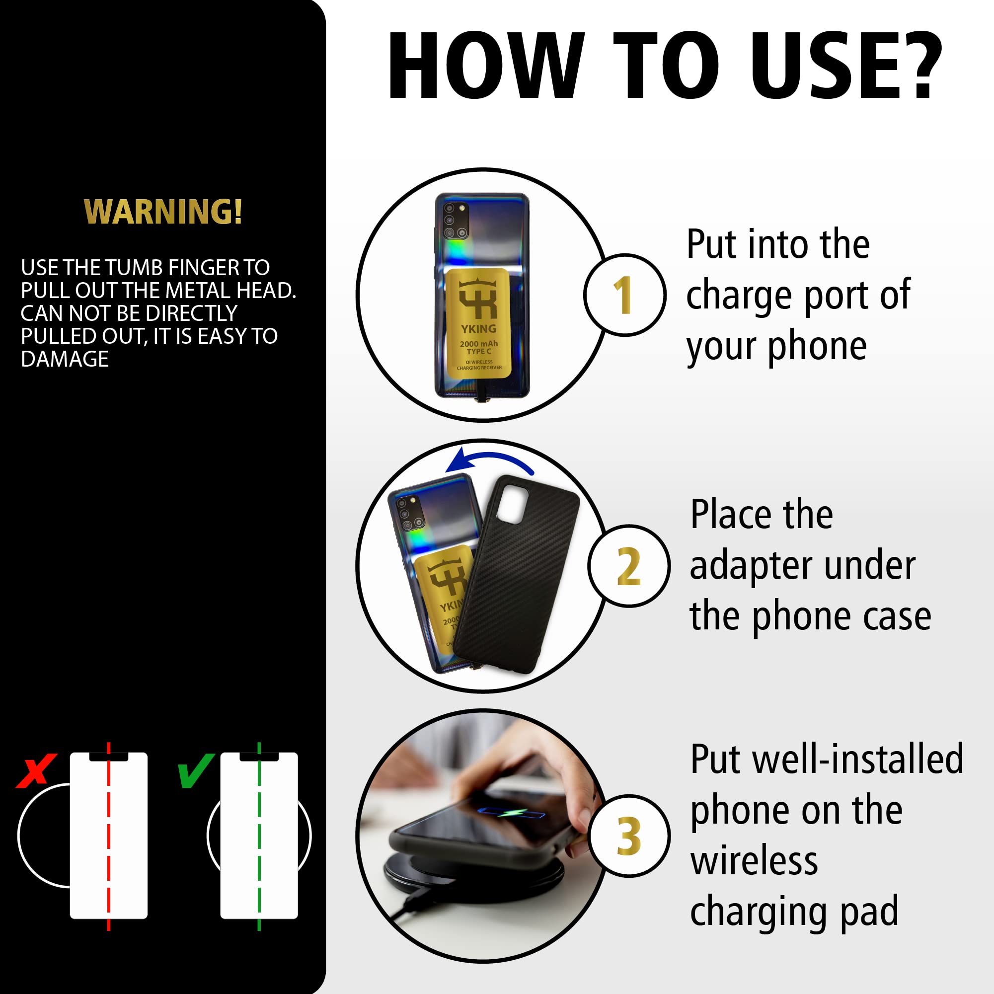 2000mAh Fast Qi Wireless Charging Adapter for Xiaomi Poco M3/F3/X3/Mi 10/11 & Huawei P30/P20 - USB Type C Wireless Charger Receiver - Fast Wireless Charging for Home, Office & Travel