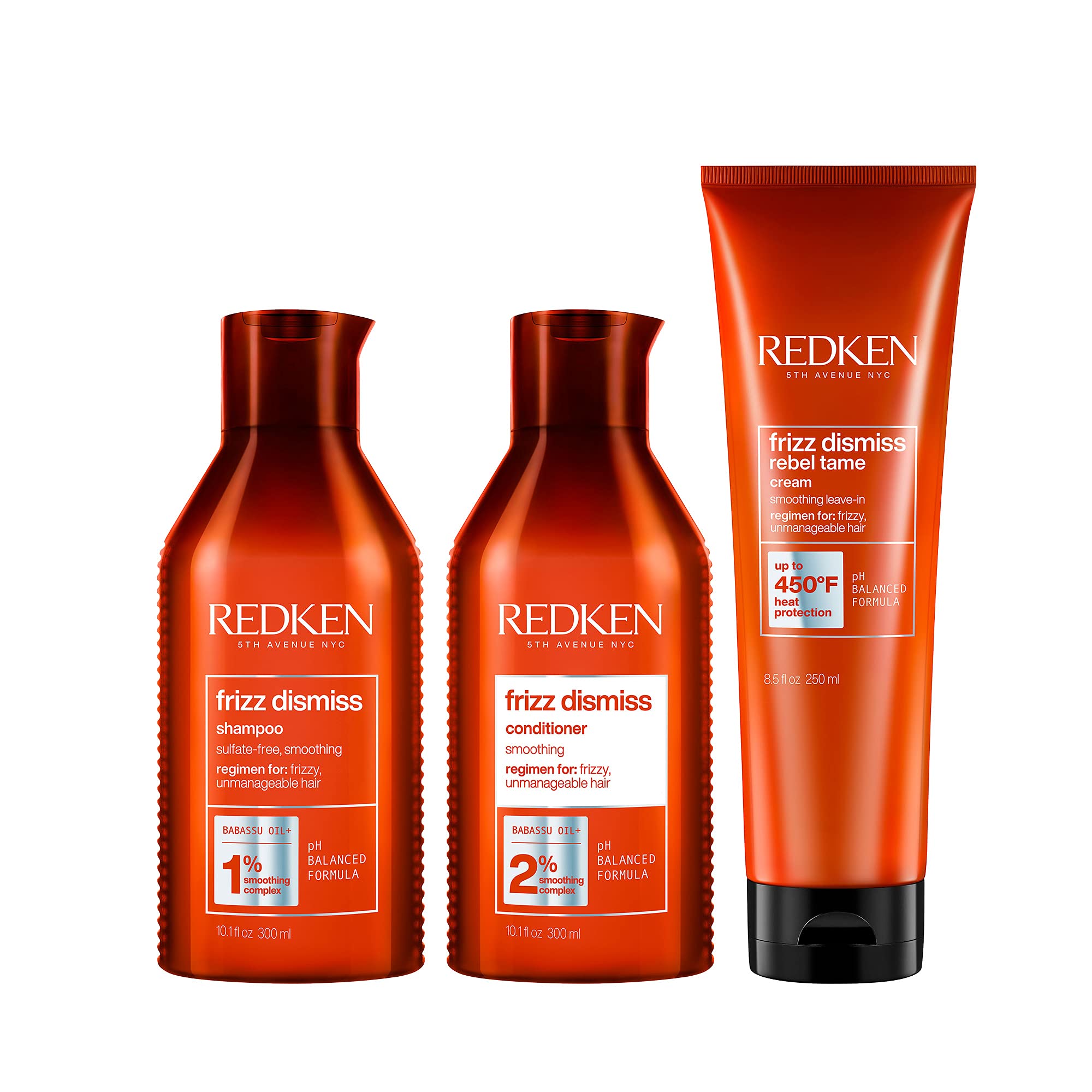 Redken Frizz Dismiss Shampoo & Conditioner Set with Rebel Tame Treatment for Frizzy Hair - Smoothing & Frizz Control Hair Care Kit for Dry, Damaged Hair - Perfect for Daily Use at Home or Salon