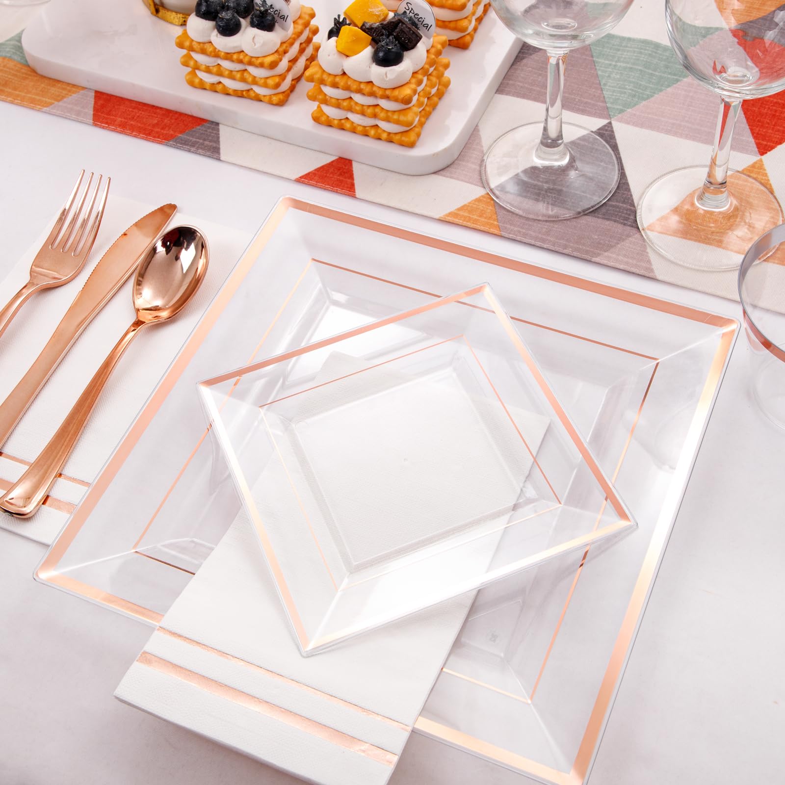 350-Piece Rose Gold Plastic Dinnerware Set - Disposable Plates, Cups, Cutlery & Napkins for 50 Guests | Elegant Party, Wedding & Event Tableware | Perfect for Bridal Showers, Birthday Parties & Catering Events