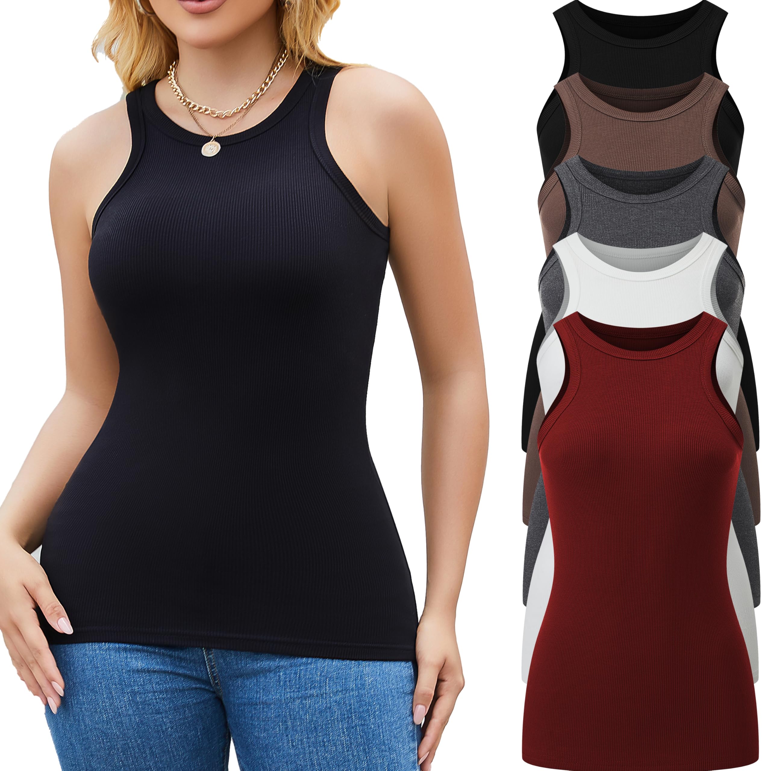 5 Pack Women's Tank Tops - Crew Neck Sleeveless Racerback Fitted Shirts for Summer | Casual Wear, Workout, Yoga & Beach Outfits