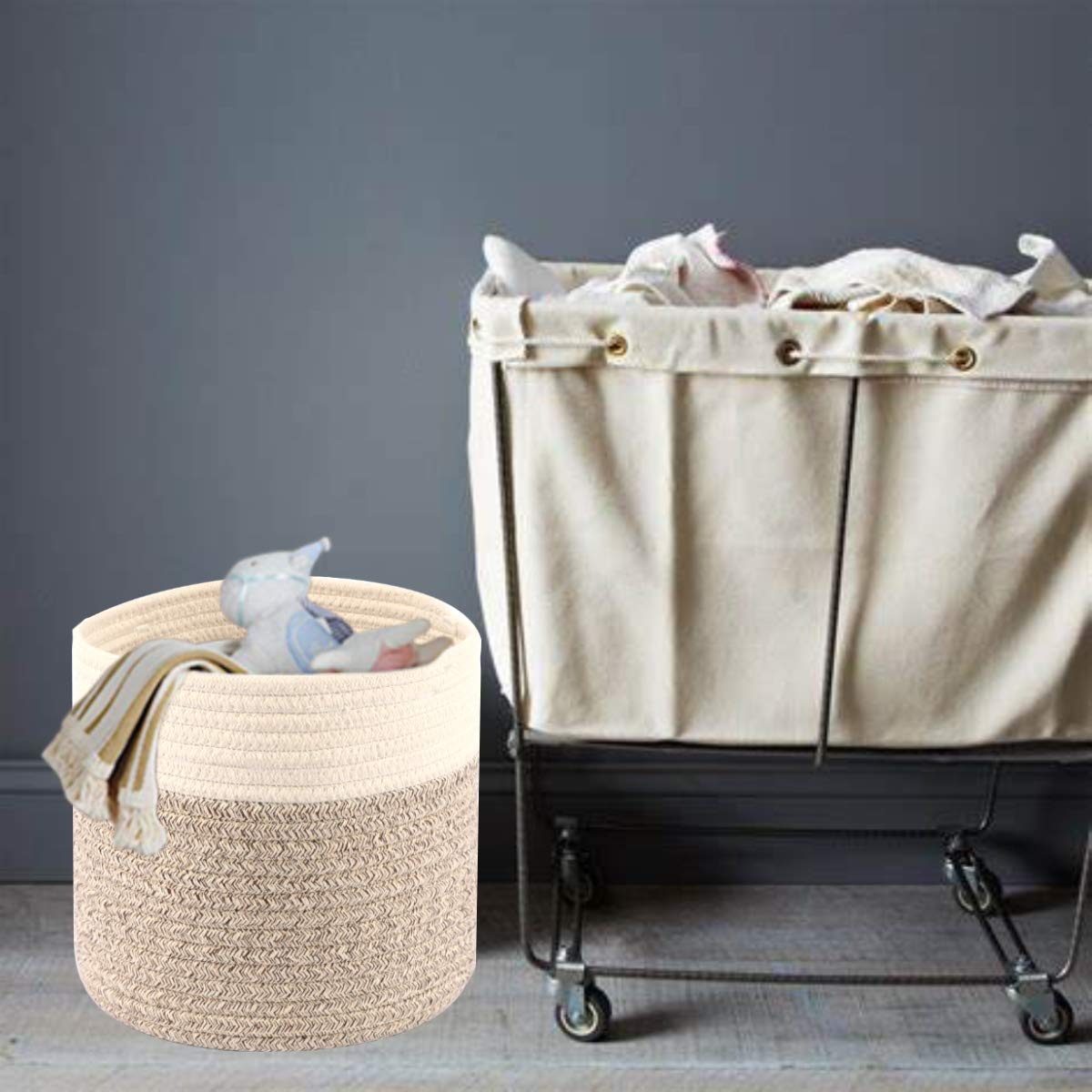 Modern Cotton Rope Plant Basket - 8.5 Inch Woven Indoor Planter Pot with Rustic Home Décor for Plants, Storage & Organization (Grey & White) - Perfect for Living Room, Bedroom, Balcony & Office Decor