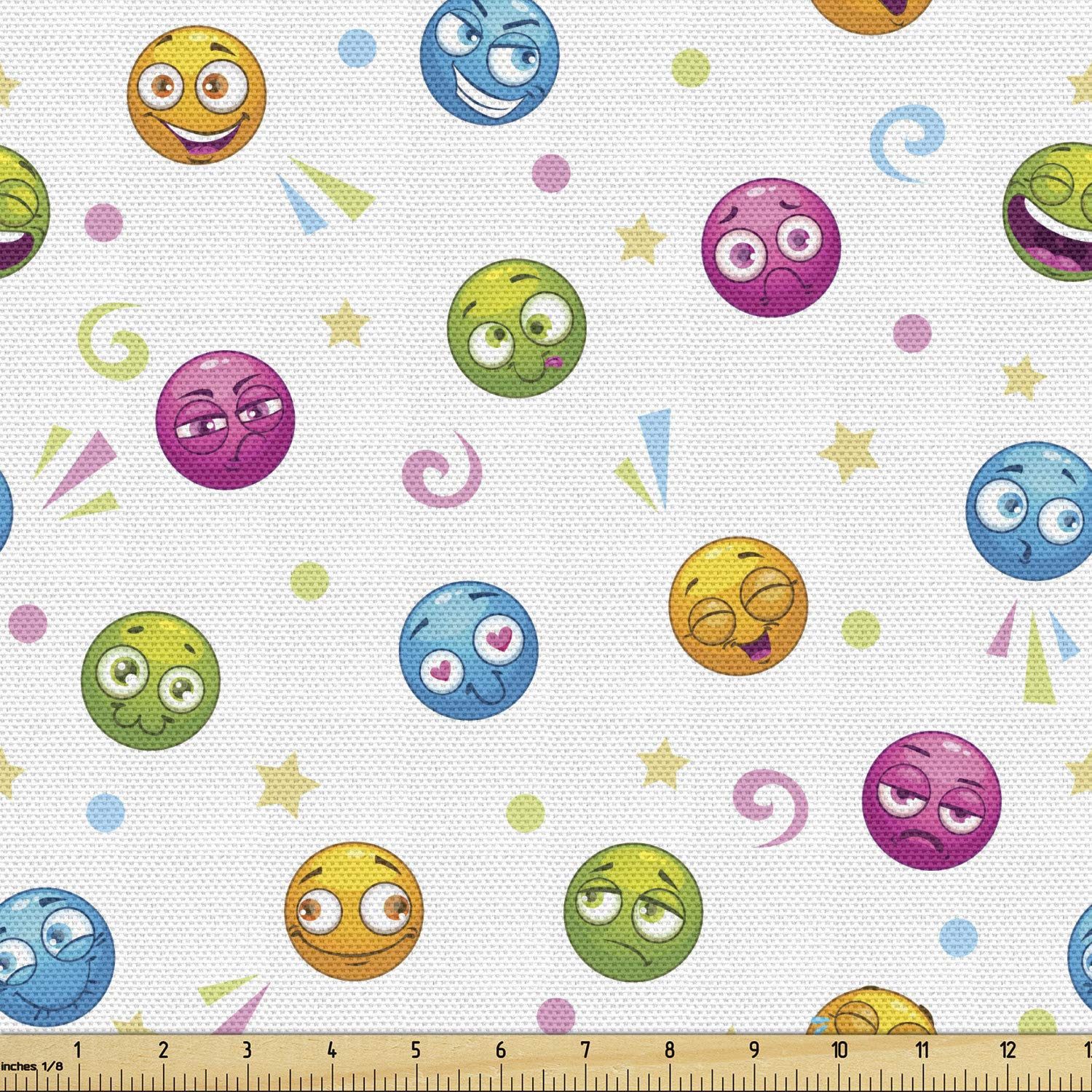 Ambesonne Emoticon Fabric by The Yard - Colorful Round Faces with Various Expressions (Love, Crying, Bored, Cool) - 10 Yards Multicolor Decorative Fabric for Upholstery, DIY Projects, Home Decor & Crafting - Perfect for Pillows, Curtains & Table Runners