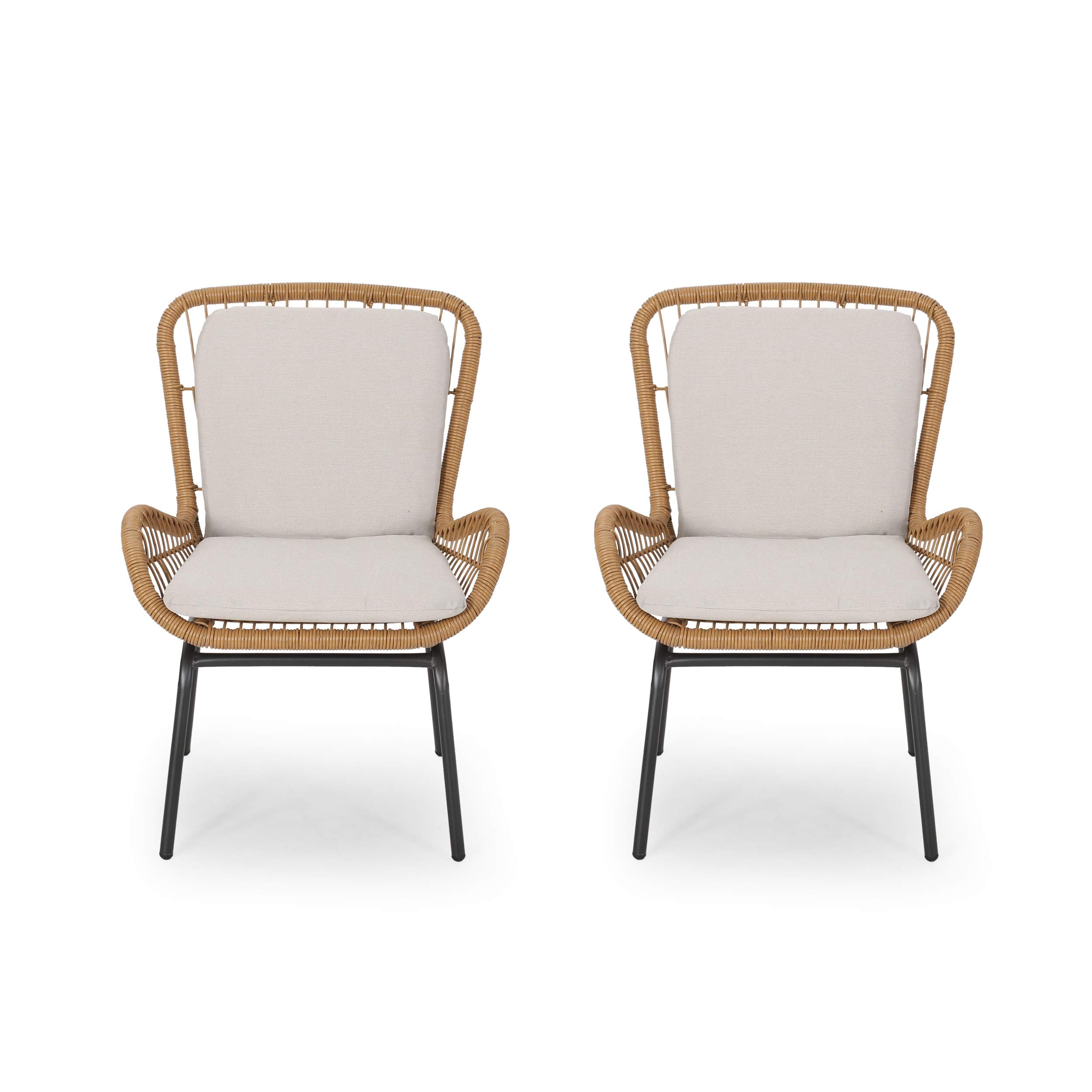 Premium Outdoor Wicker Club Chairs with Cushions (Set of 2) - Light Brown & Beige - Weather-Resistant Patio Furniture for Garden, Poolside & Backyard Relaxation