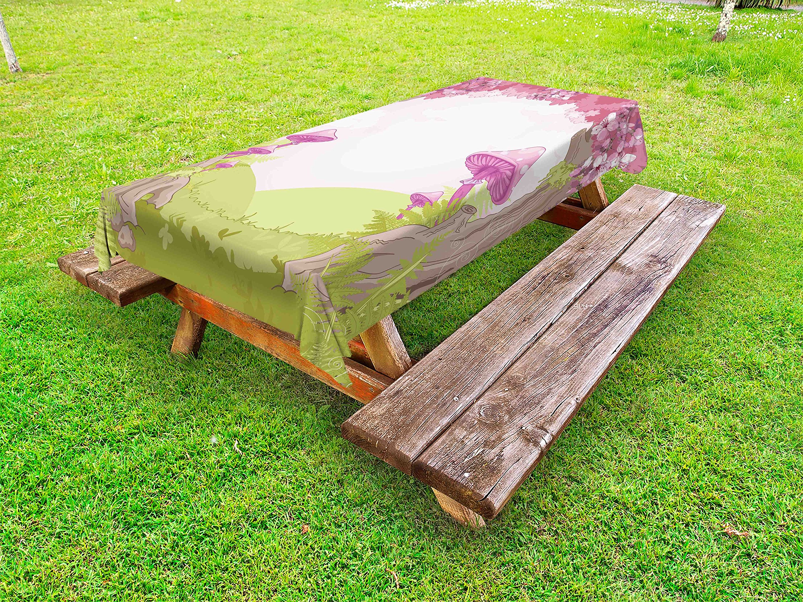Ambesonne Waterproof Mushroom Print Outdoor Tablecloth - Cherry Blossom Forest Fantasy Design, Washable Picnic Table Cover 58x120 Inches, Green Pink Brown for Garden Parties, Camping & Outdoor Dining