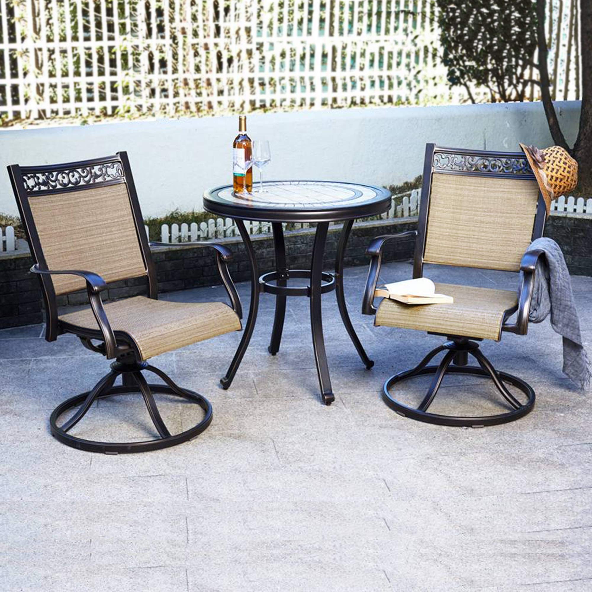 DALI 3-Piece Bistro Set with Swivel Rocker Chairs - Handmade Contemporary Round Table Outdoor Patio Furniture for Garden, Backyard, and Balcony Use