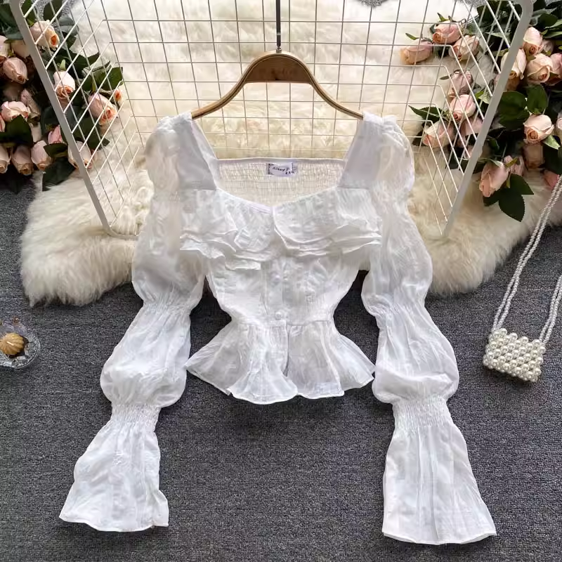 Elegant Puff Sleeve Ruffle Cropped Top for Women - Trendy Summer Blouse for Casual Outings & Date Nights | 1037