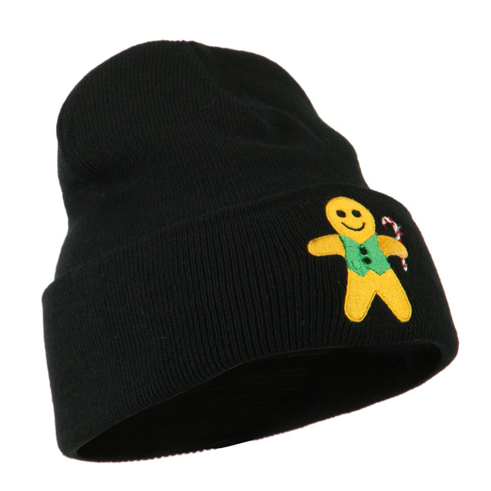 Gingerbread Man with Candy Cane Embroidered Beanie Hat - Christmas Holiday Knit Cap for Men Women - Perfect for Winter Outdoors, Xmas Party & Festive Gift Giving