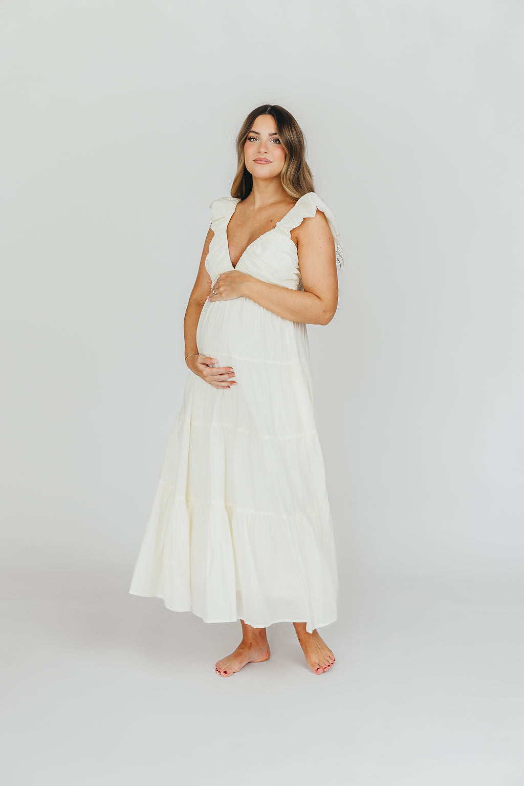 Katy Pleated Bodice Midi Dress in Cream | Bump Friendly Maternity Dress | Perfect for Baby Showers, Weddings & Special Occasions