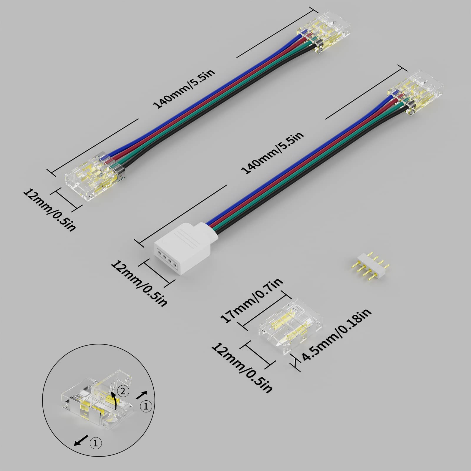 PAUTIX 10mm 4 Pin COB RGB LED Strip Light Connectors - 4pcs Transparent Gapless Connectors, 3pcs Dual End Extensions & 2pc Single to 4 Pin Plugs with 5.5in Wires for Home Theater, Bar Lighting & DIY LED Projects