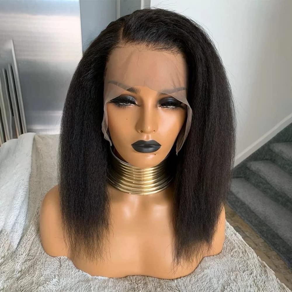 360 HD Lace Front Wigs Brazilian Virgin Human Hair - Natural Black Short Kinky Straight Bob Wigs for Black Women | Pre-Plucked with Baby Hair & 150% Density | 12 Inch | Perfect for Daily Wear, Parties & Special Occasions
