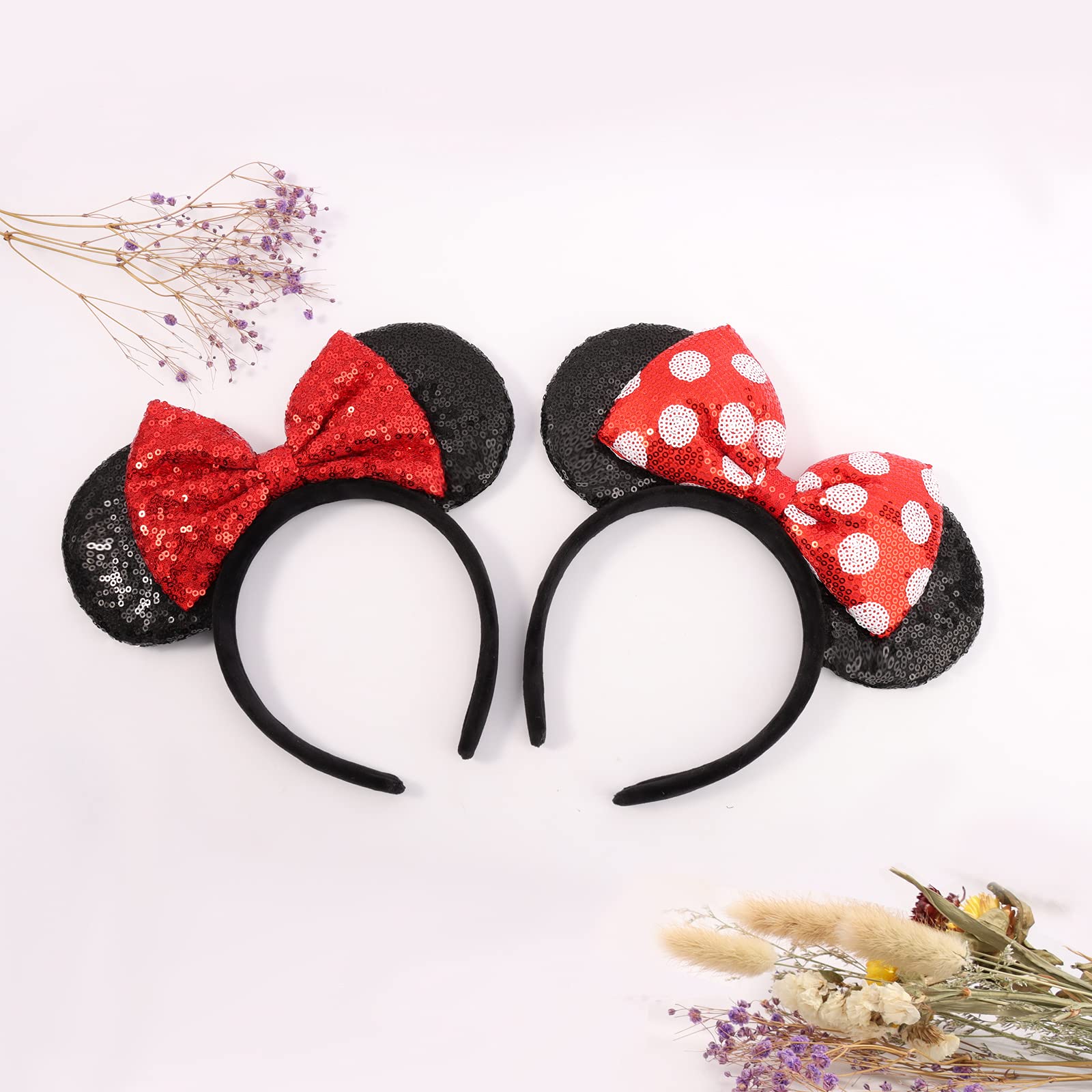 Sparkly Sequin Mouse Ear Headbands for Women & Girls - 2 Pack Classic Bow Headbands (Red Sequin & Red Dot) | Perfect for Disney Trips, Cosplay, Halloween & Theme Parties