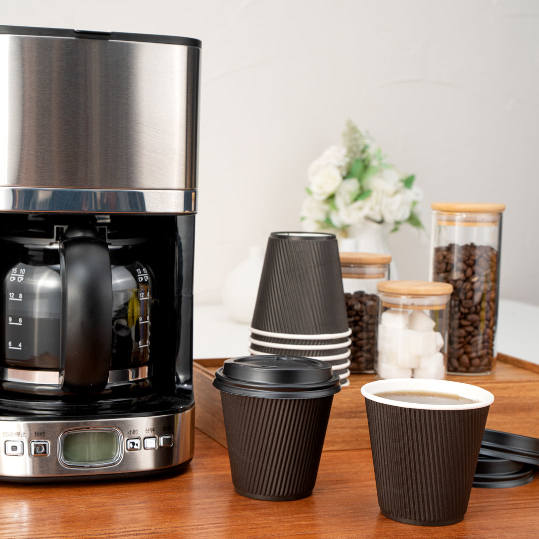 8 oz Black Paper Coffee Cups with Ripple Wall - 3.5