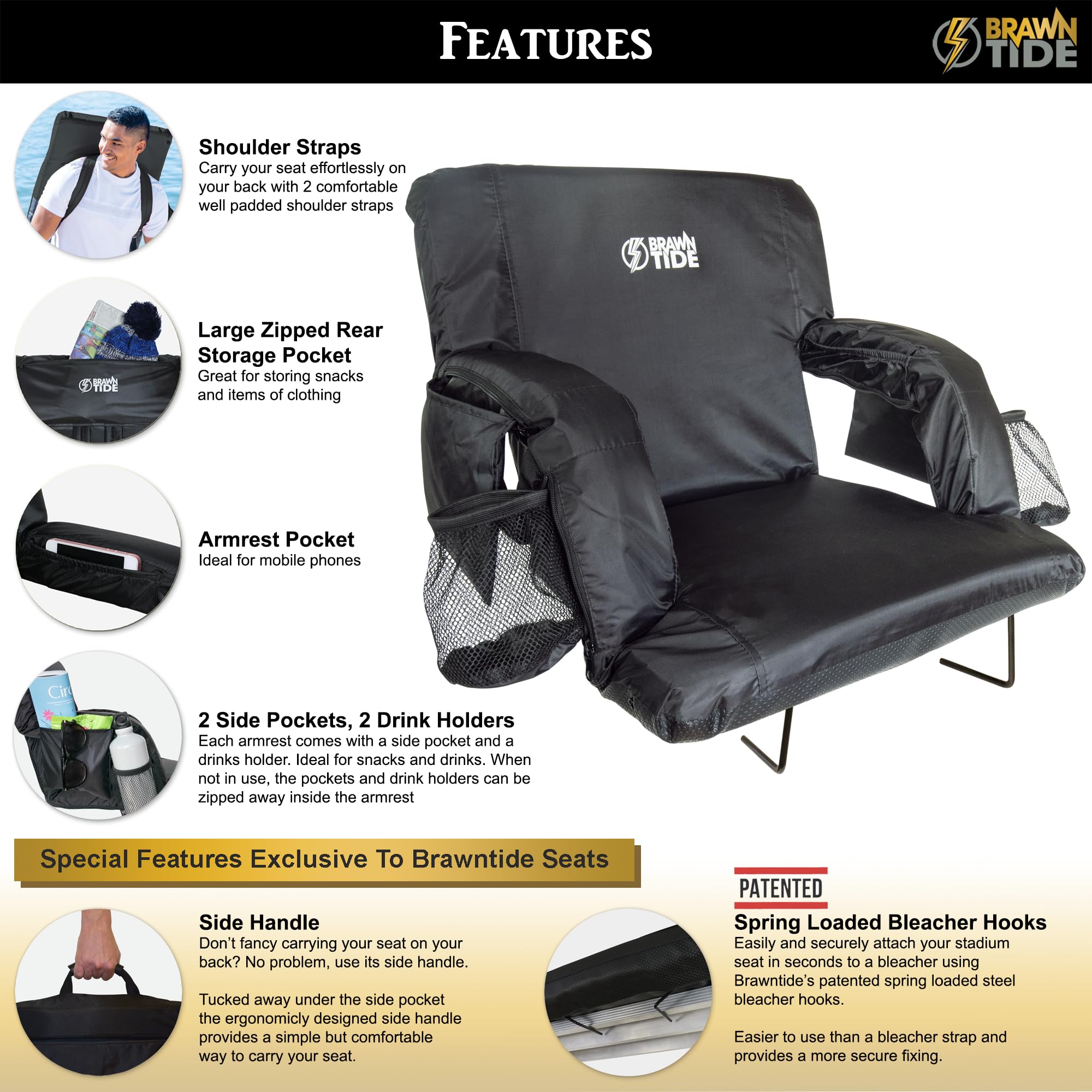 BRAWNTIDE Stadium Seat with Back Support - Comfortable Cushioned Bleacher Chair with Thick Padding, 2 Steel Hooks, 4 Storage Pockets & 2 Cup Holders - Reclining Portable Seat for Sports Games, Beach, Camping, Concerts & Outdoor Events - Perfect for Football, Baseball, Picnics and Tailgating