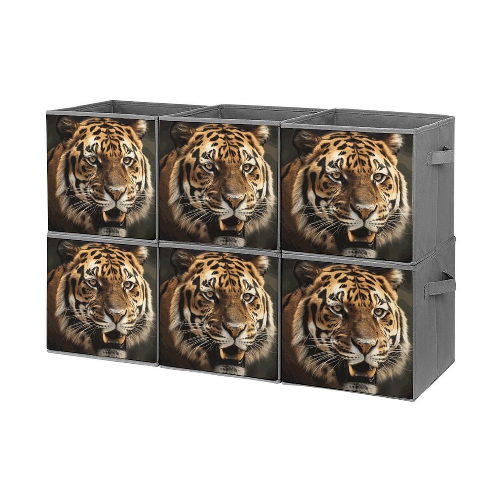 6-Piece Collapsible Storage Bins with Handles - Tiger Print Foldable Organizing Boxes for Shelves, Closet, Pantry | Space-Saving Home & Office Storage Solutions