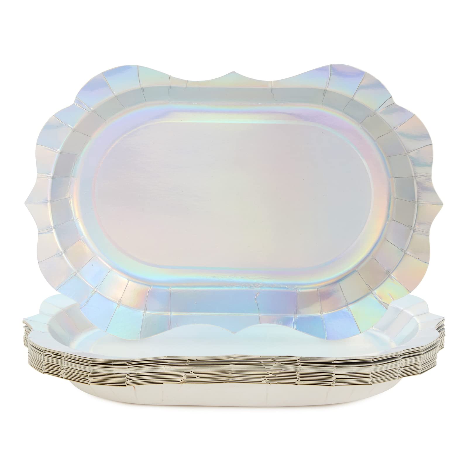 24-Pack Holographic Silver Disposable Party Serving Trays with Scalloped Foil Edge - 13 x 9 Inch Elegant Catering Platters for Weddings, Birthdays & Holiday Events - Perfect for Buffets, Desserts & Appetizers