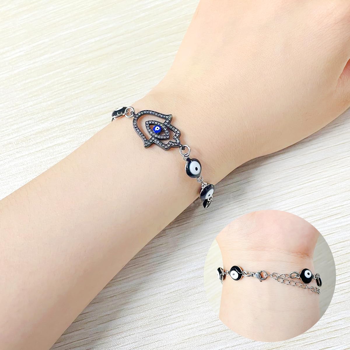 Uloveido Stainless Steel Evil Eye & Hamsa Hand Bracelet - Adjustable Protection Charm with Cubic Zirconia | Blue Eye Amulet Jewelry for Women | Perfect for Everyday Wear, Gift Giving & Spiritual Protection