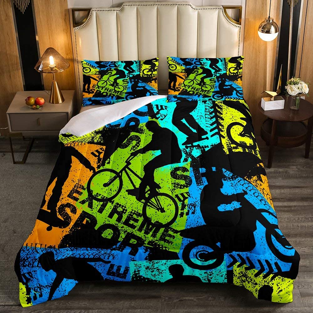 **Erosebridal Full Size Boys Dirt Bike Comforter Set - Skateboard & Motorcycle Motocross Duvet Cover - Extreme Sports Bedding for Kids, Teens & Adults - Perfect for Bedrooms, Dorms & Gaming Rooms**