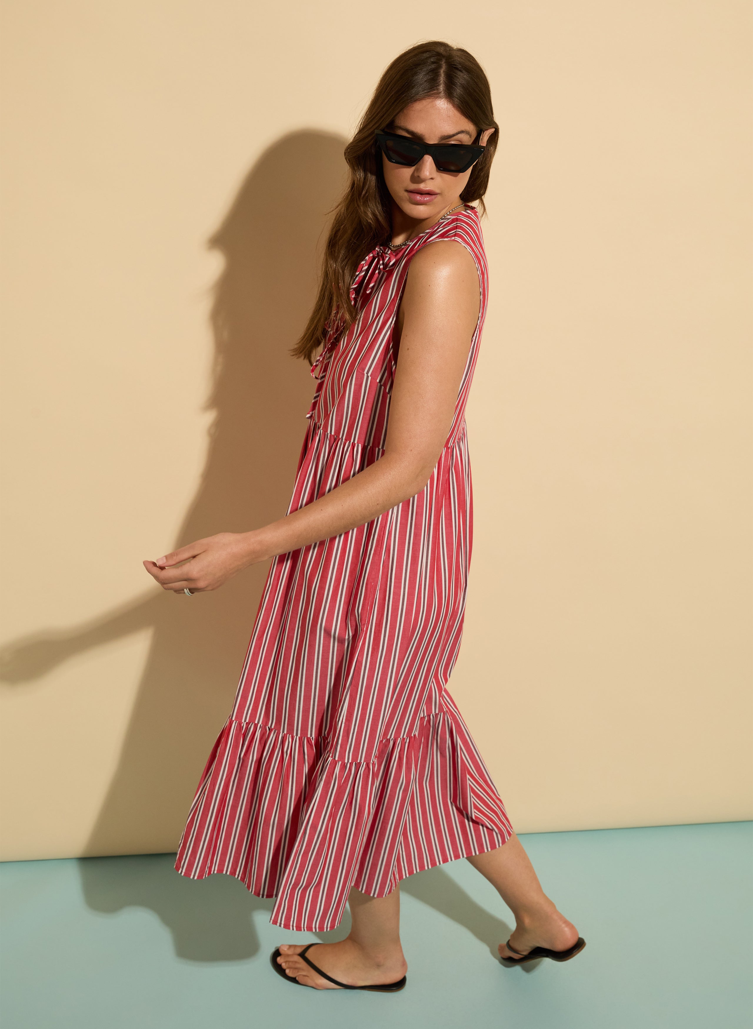 Devi Organic Cotton Tie Midi Dress - Women's Flowy Summer Dress for Casual Wear, Beach & Boho Style Outfits