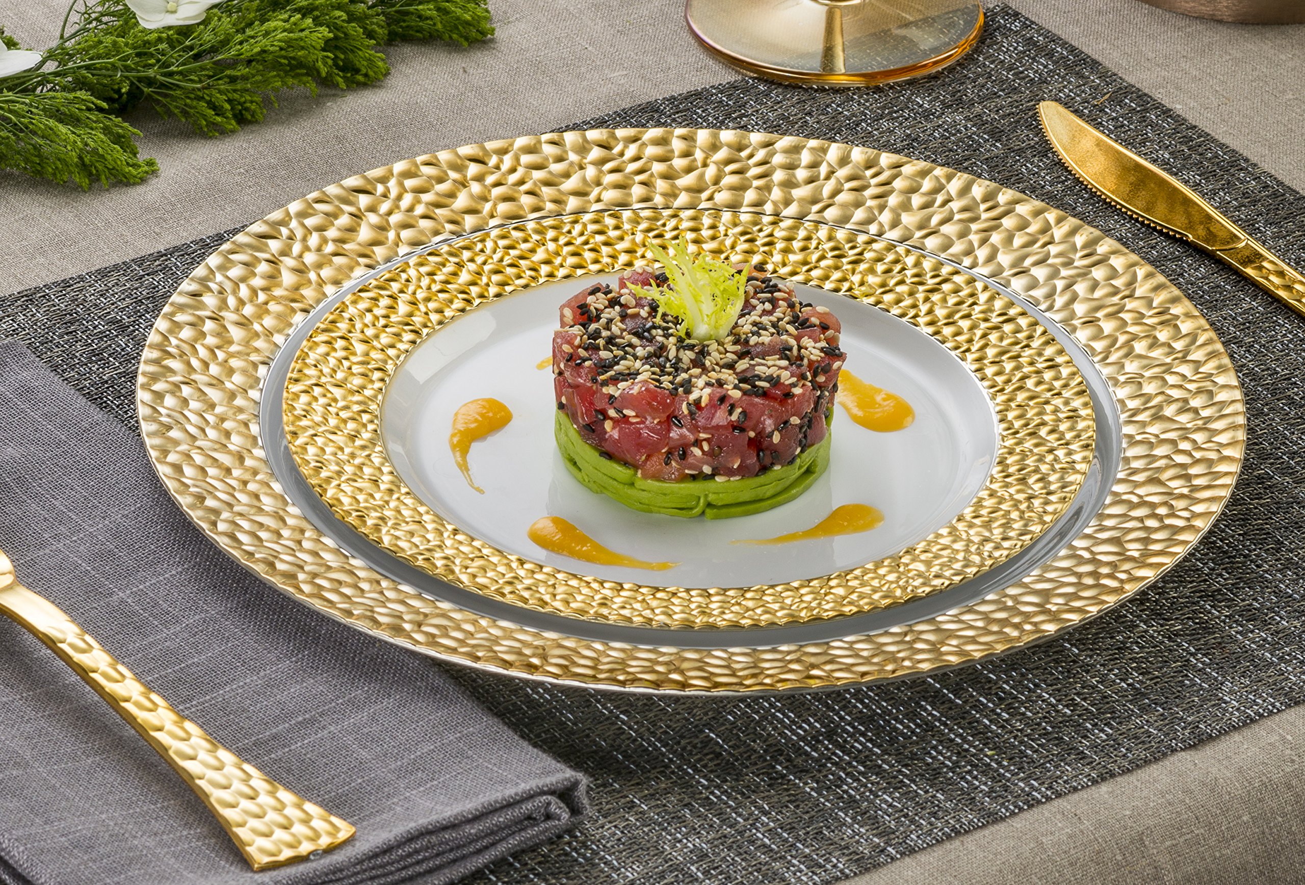 Laura Stein Designer 64-Piece Premium Plastic Dinnerware Set - White & Gold Rim Plates for Weddings, Parties, Events | 32 Dinner Plates (10.75