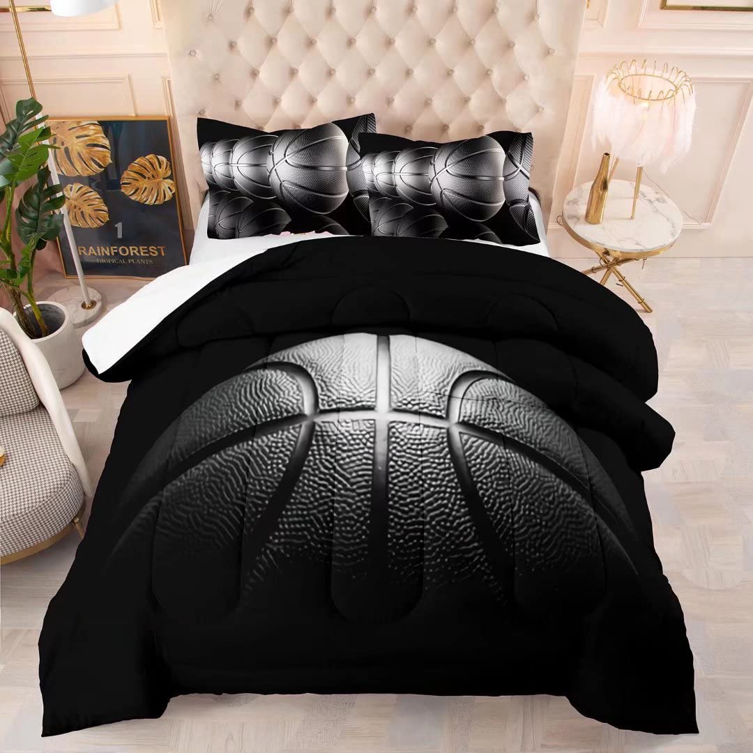 Basketball Queen Bedding Set - Black Sports Theme Comforter for Boys & Teens - Perfect for Game Nights