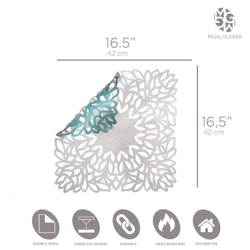 Mijal Gleiser Double Sided Heat Resistant Non-Slip Placemats Set of 4 - Laser Cut Stain Resistant Table Mats for Dining, Kitchen & Home Decor (Sea Flower Collection, Silver-Turquoise)