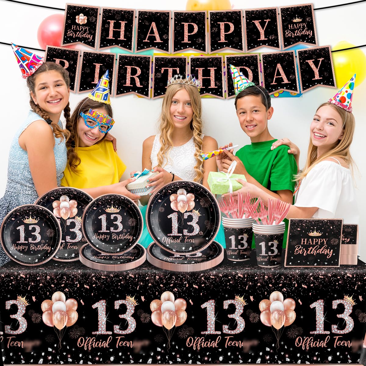 142Pcs Rose Gold 13th Birthday Party Supplies Set for Girls - Disposable Tablecloth, Plates, Napkins, Cups, Forks & Knives - Perfect for Teen Birthday Decorations & Celebrations