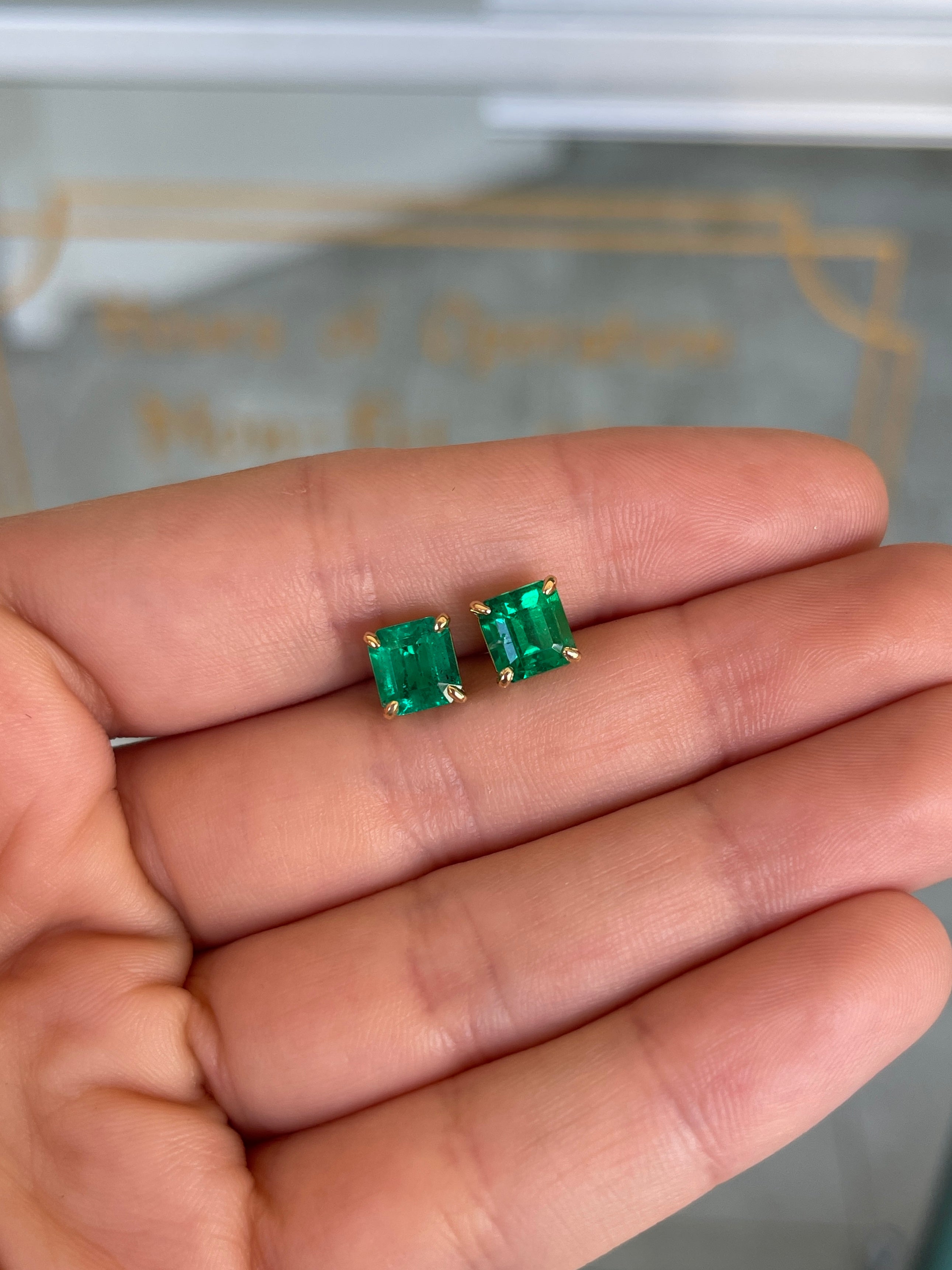 3.18tcw 7x7 AAA+ Muzo Green Asscher Cut Colombian Emerald Stud Earrings in 18K Gold - Perfect for Weddings, Anniversaries & Special Occasions